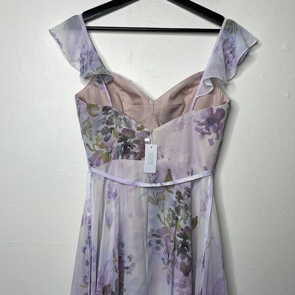 Marchesa Lilac Floral Chiffon Gown with Ruffle Cami Straps and Waist Tie Sz 0 - Picture 13 of 14